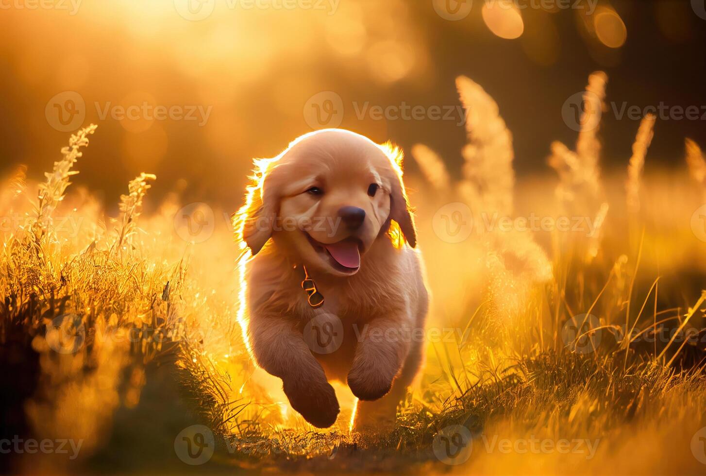 Happy cute puppet Golden Retriever dog running in the meadow on golden
