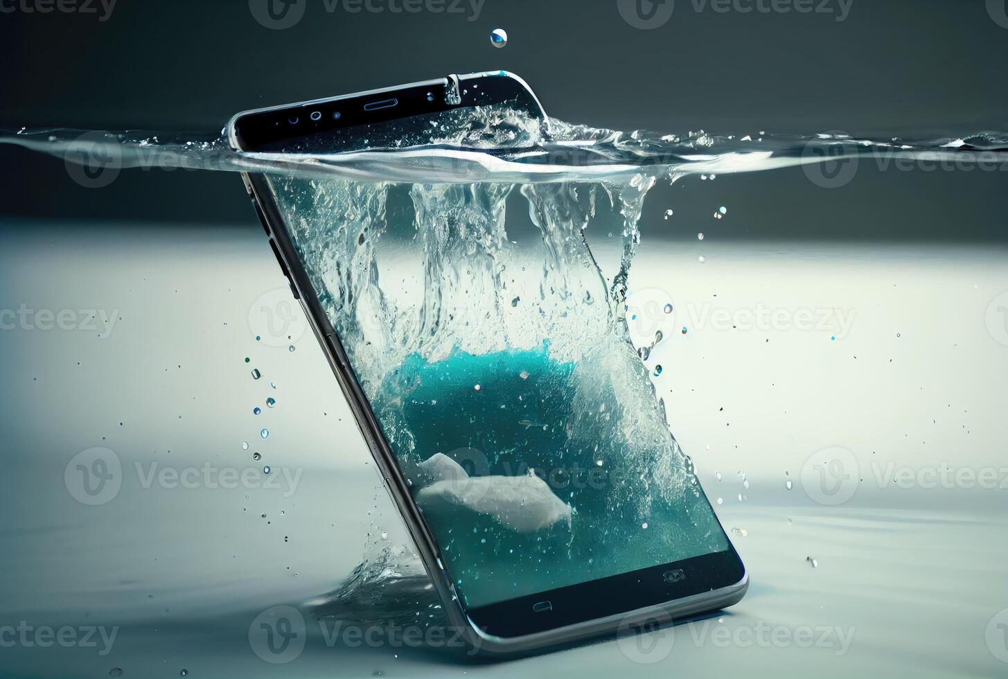 Smartphone fell into the water and was sinking deep background. Telecommunication and technology concept. Digital art illustration. photo