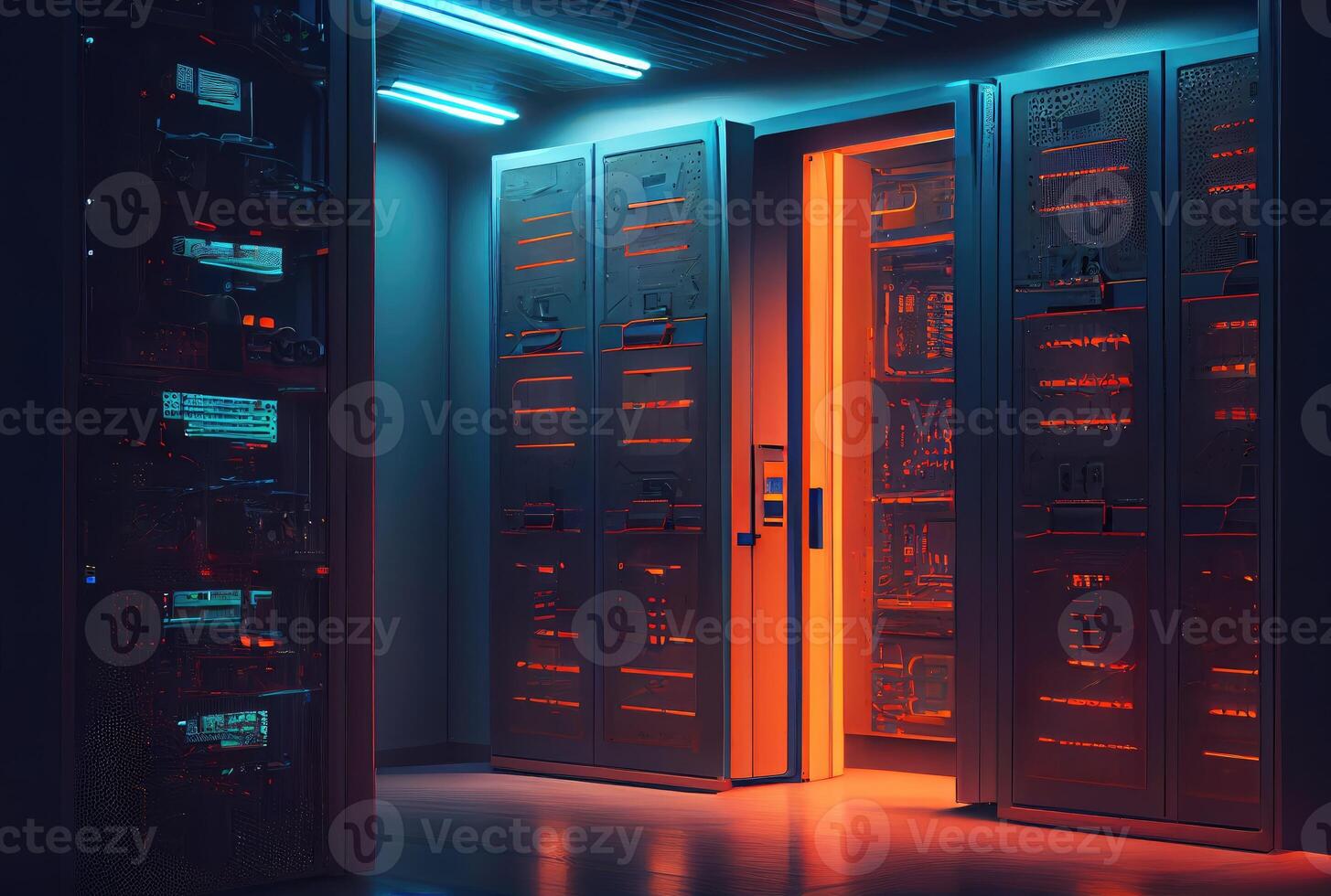 Server room for storage worldwide company database. Technology and big data concept. Digital art illustration. photo