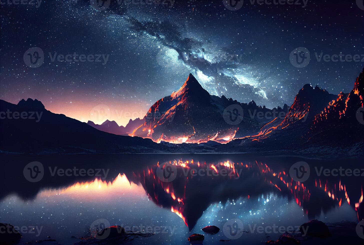 estrellado noche paisaje con montaña y lechoso camino cielo antecedentes. belleza en naturaleza y astrología Ciencias concepto. digital Arte fantasía ilustración. generativo ai foto