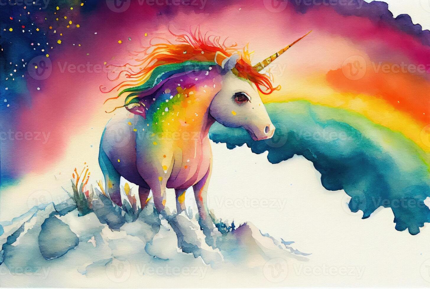 White unicorn is stepping up the stairs to reach the top of success on rainbow background. Business metaphor and success concept. Digital art fantasy illustration. photo