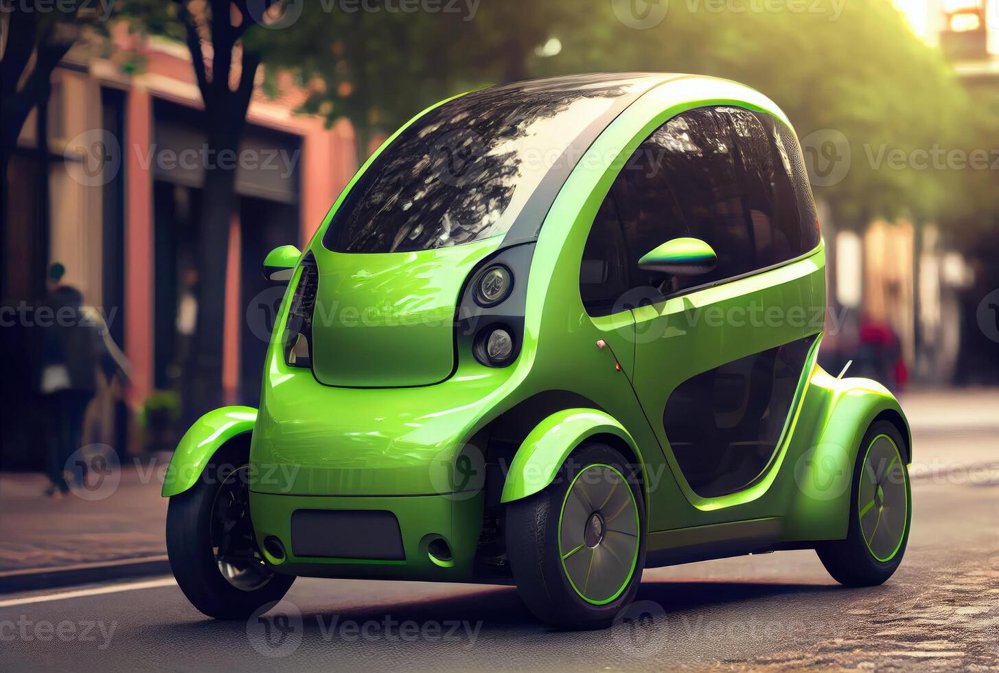 Green future car on the road in the city urban scene at day background. Technology and transportation concept. photo