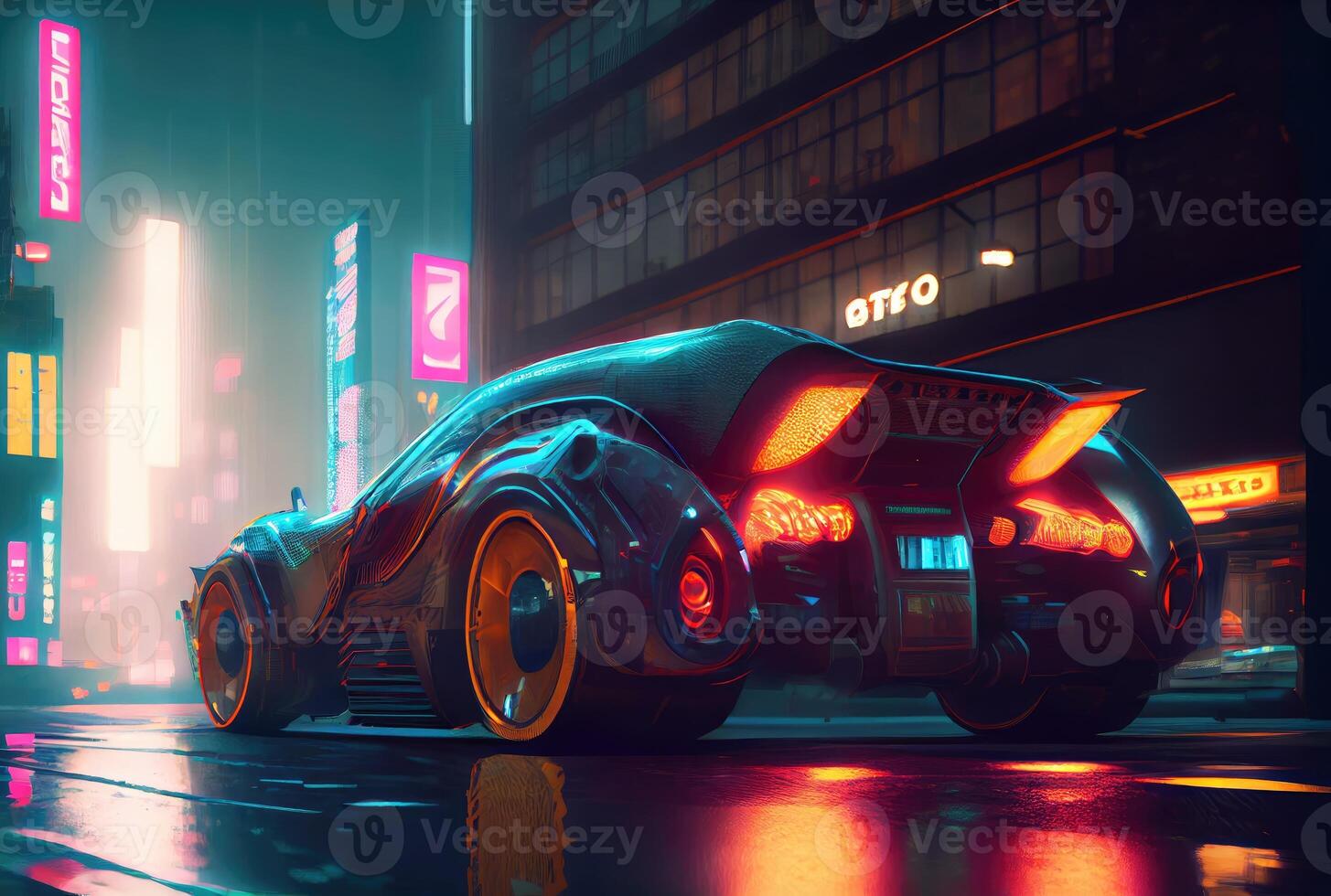 Futuristics car model in orange blue and pink color cyberpunk in dark city downtown background. Transportation and Innovative technology concept. Digital art fantasy illustration. photo