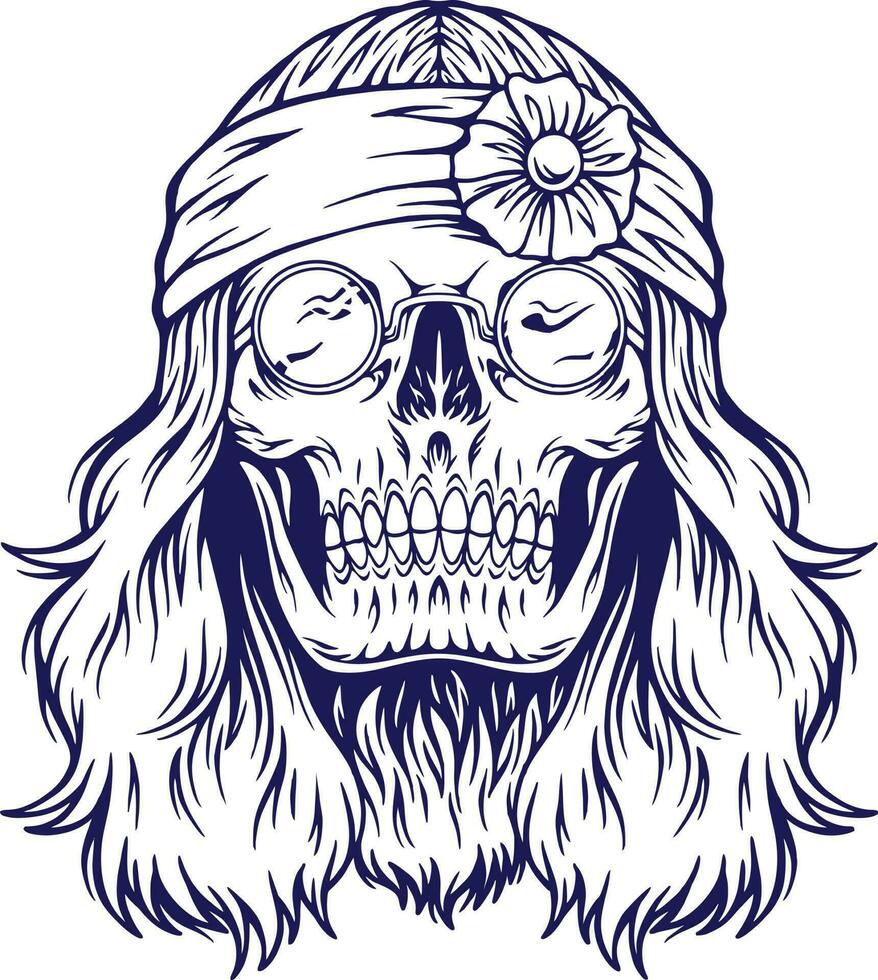 Scary skull head hippie flower headbands monochrome vector illustrations for your work logo, merchandise t-shirt, stickers and label designs, poster, greeting cards advertising business company