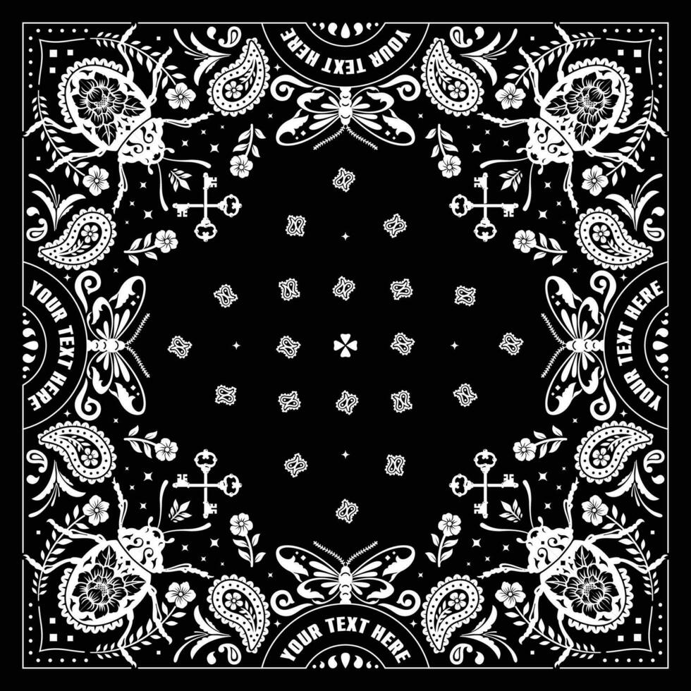 Bandana Paisley, Handkerchief Design Template with bug and butterfly Vector Background