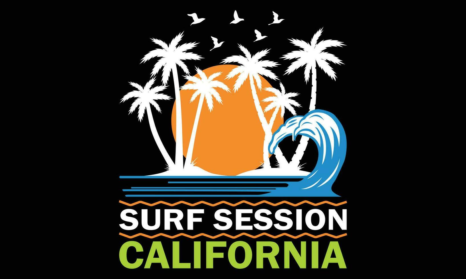 surf sesión California camiseta diseño vector ilustración y vestir vector diseño, imprimir, tipografía, póster, emblema con palma arboles con surf hombre, vector impresión diseño obra de arte, navegar camiseta