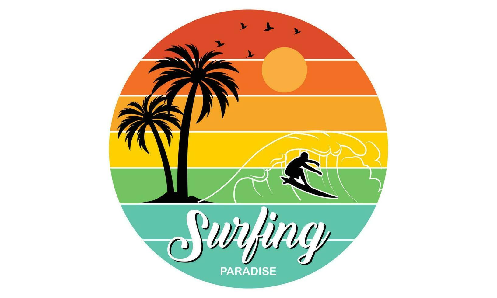 Surfing Paradise T-shirt Design Vector Illustration and apparel vector design, print, typography, poster, emblem with palm trees. With Surfing Man, Vector Print Design Artwork