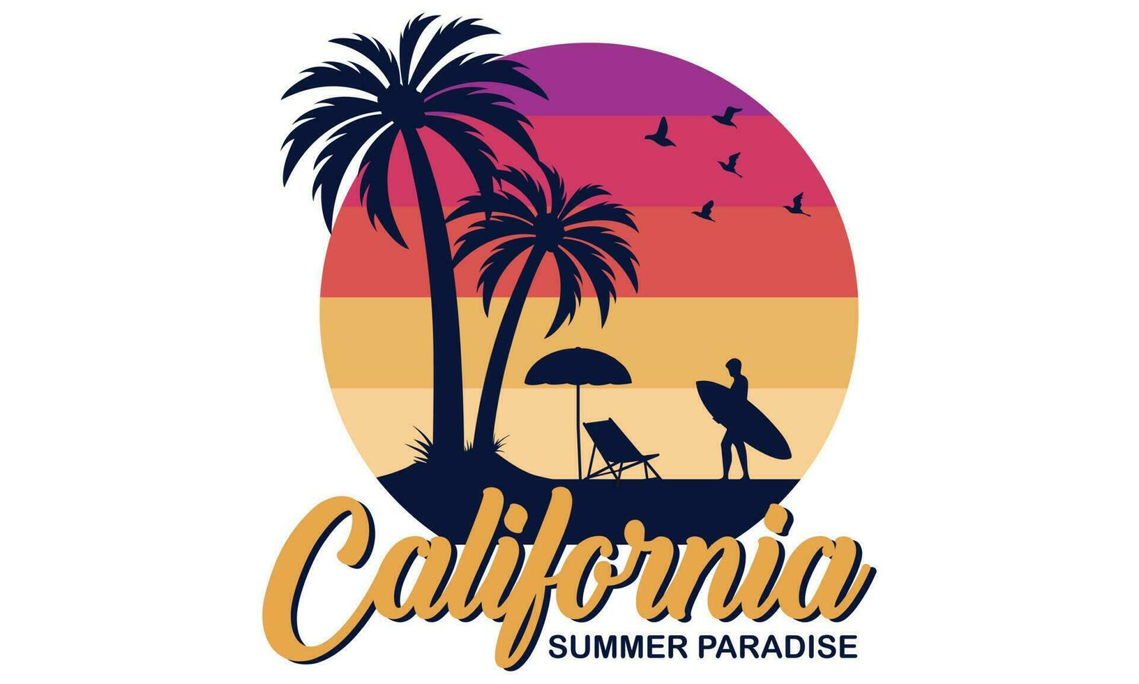 California verano paraíso camiseta diseño vector ilustración y vestir vector diseño, imprimir, tipografía, póster, emblema con palma arboles con surf hombre, vector impresión diseño obra de arte