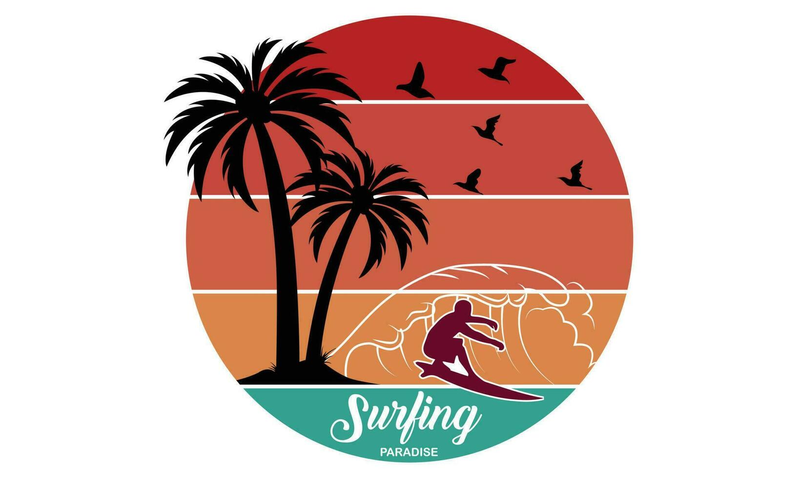 Surfing Paradise T-shirt Design Vector Illustration and apparel vector design, print, typography, poster, emblem with palm trees. With Surfing Man, Vector Print Design Artwork