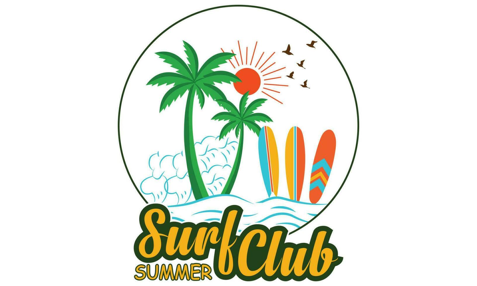 verano surf camiseta modelo para navegar club. Clásico emblema en retro estilo. tablas de surf, olas y mano dibujado letras camisa, playa, navegar, surf, hora para surf, sol, palma árbol, playa agua vector