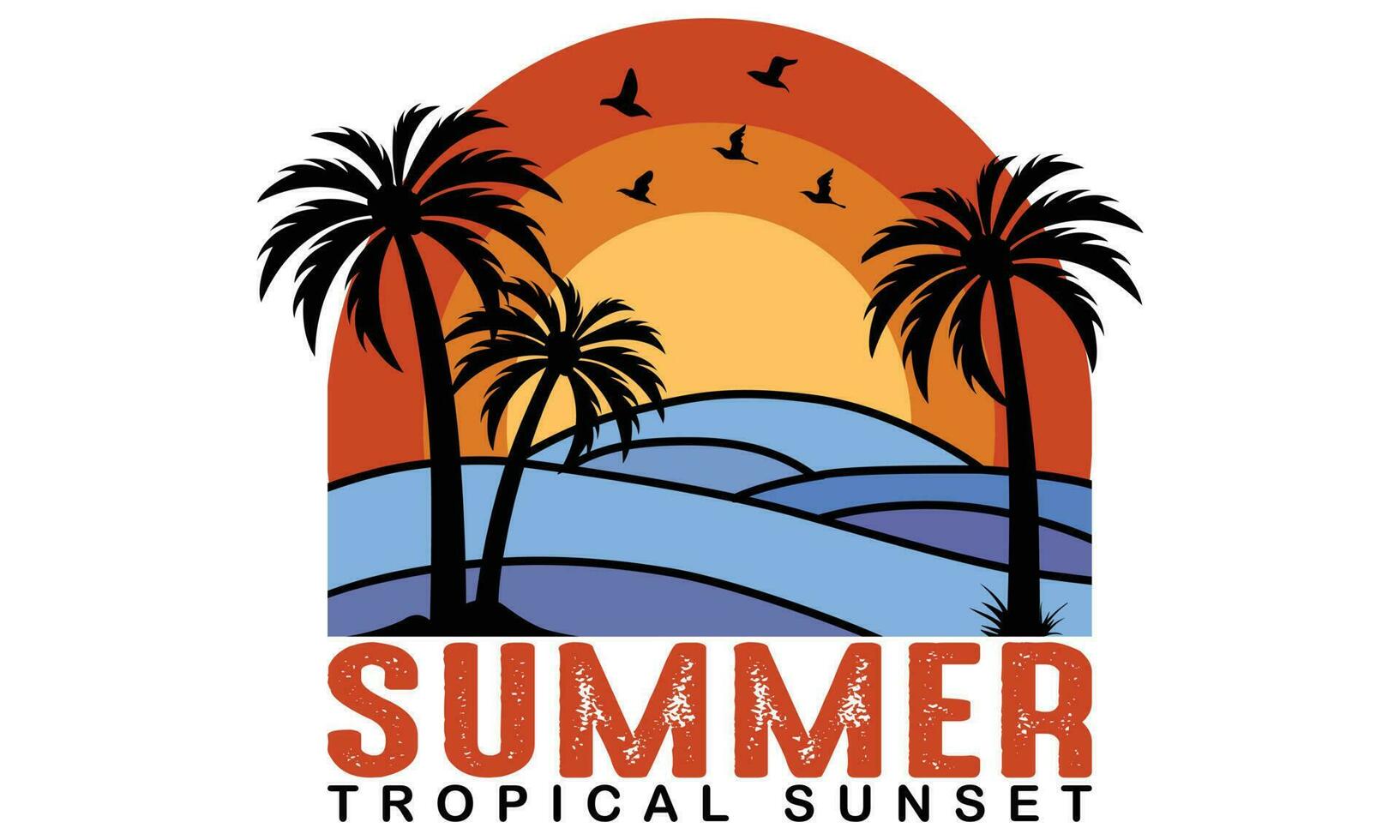 Summer Tropical Sunset T-shirt Design Vector Illustration and apparel vector design, print, typography, poster, emblem with palm trees. With Surfing Man, Vector Print Design Artwork