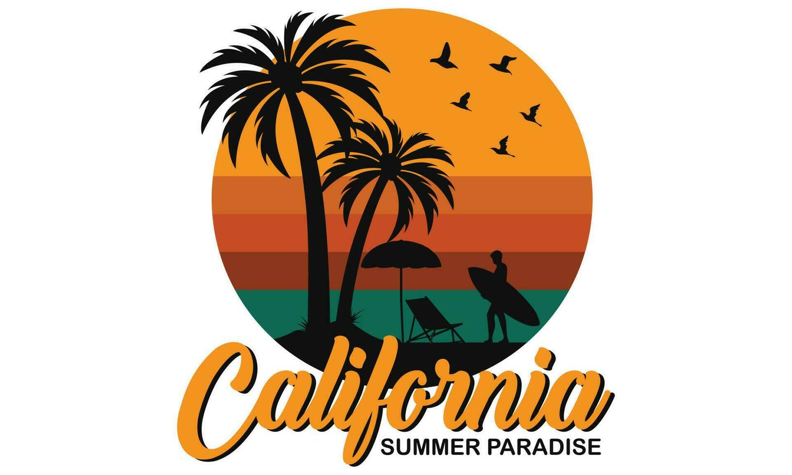 California Summer Paradise T-shirt Design Vector Illustration and apparel vector design, print, typography, poster, emblem with palm trees. With Surfing Man, Vector Print Design Artwork