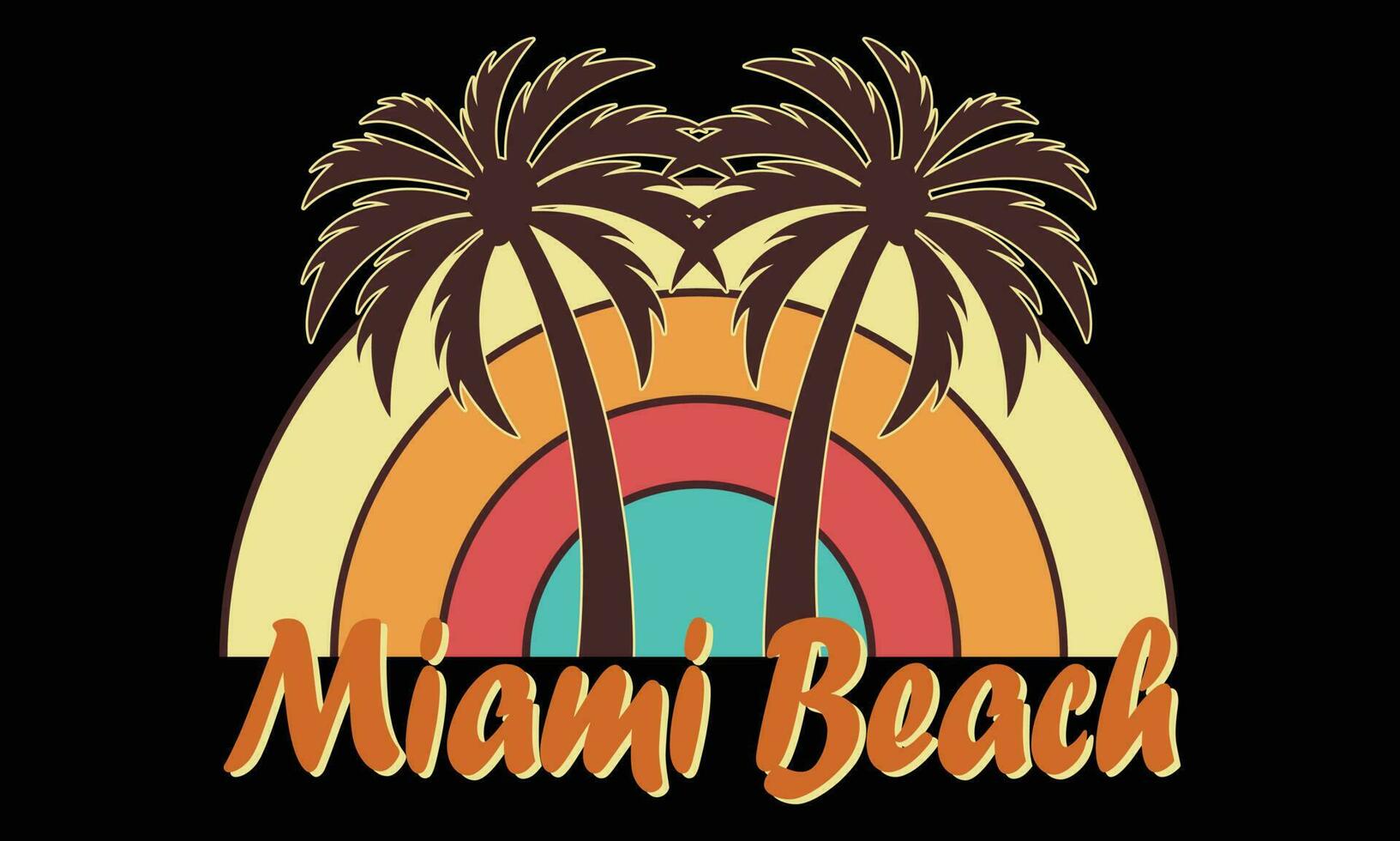 Miami Beach T-shirt Design Vector Illustration, Palm Tree Silhouette. Global Swatches. Miami Beach Florida Tee Print With Palm Tree. T-shirt Design, Graphics, Stamp, Label, Sunset, Nature.