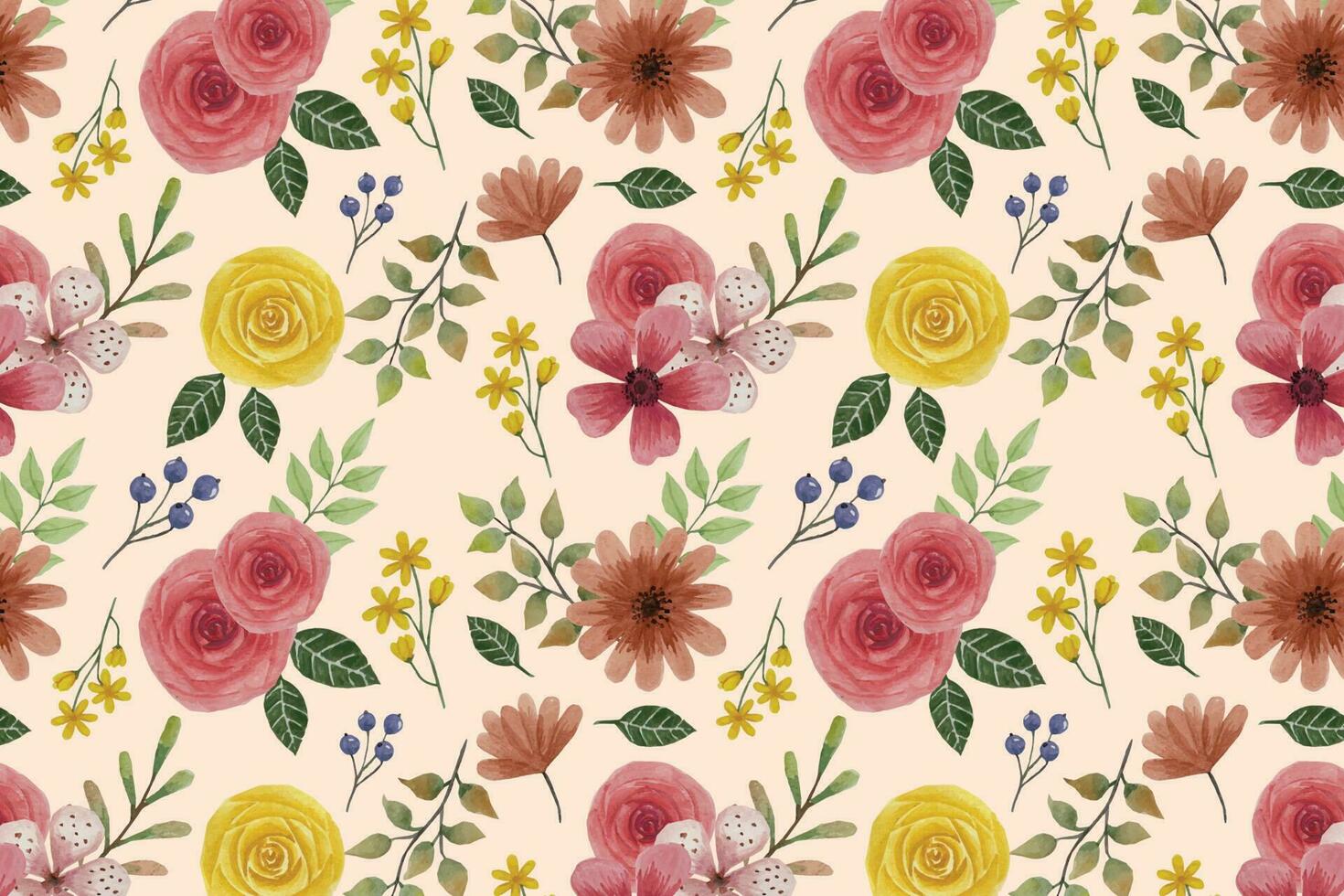 Seamless floral pattern with flowers in vintage watercolor style and decor of golden texture. Vector illustration on white background.