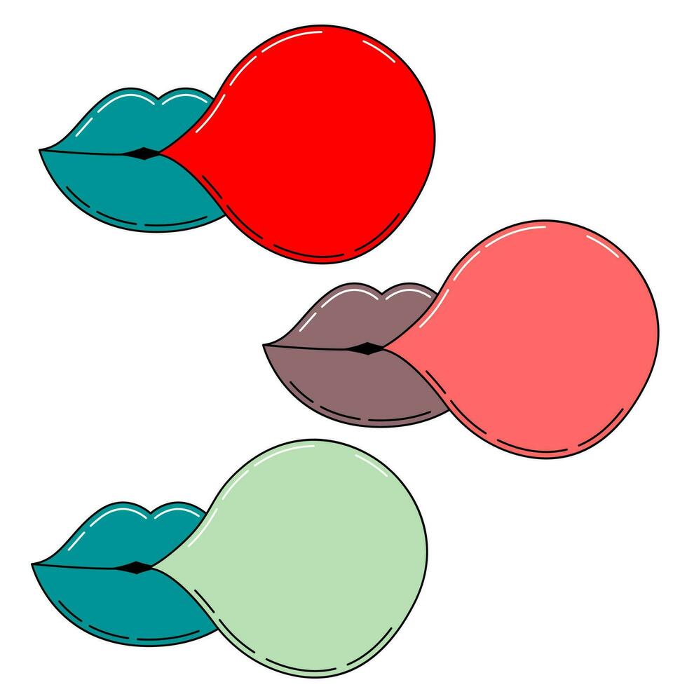set of Woman lips with bubble gum, vector drawing.  vector illustrator. vibrant colors, pastel colors.