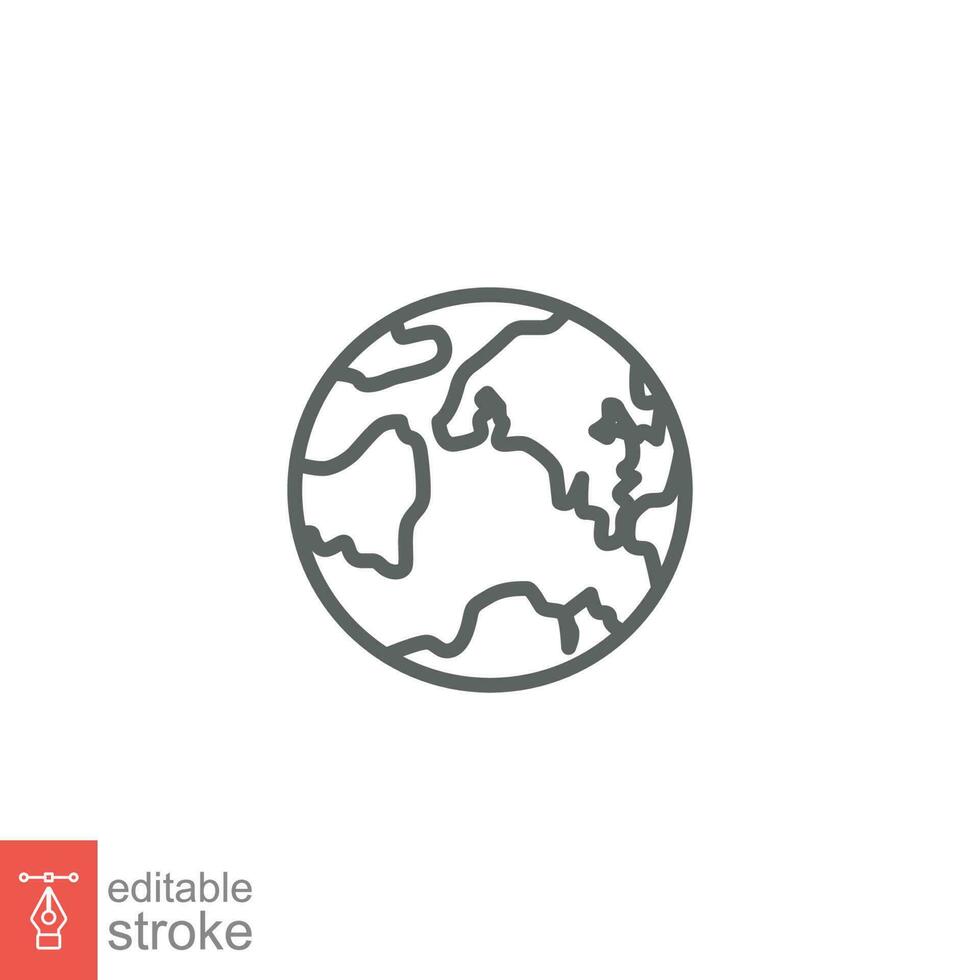 World planet icon. Simple outline style. Globe, earth, map, pictogram, web, geography concept. Thin line symbol. Vector illustration isolated on white background. Editable stroke EPS 10.