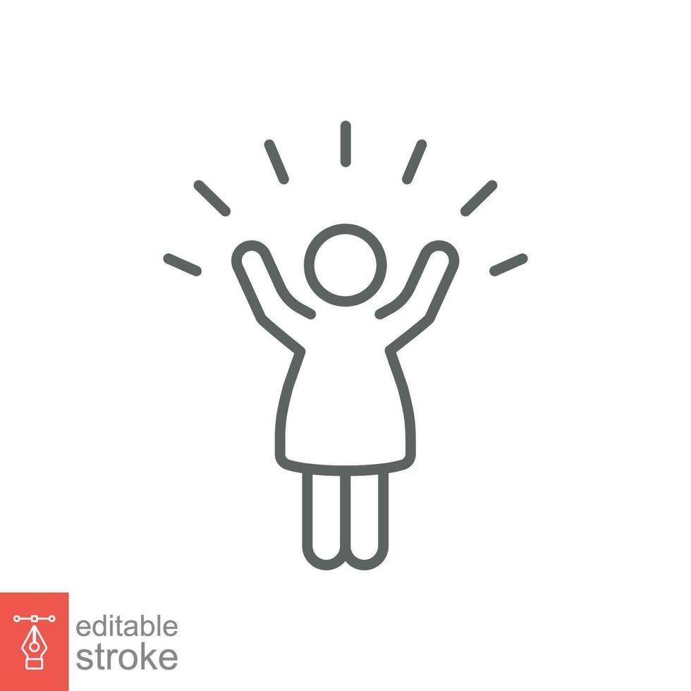 Excited dance kid icon. Simple outline style. Happy, joy, girl, lifestyle, women, female freedom concept. Thin line symbol. Vector illustration isolated on white background. Editable stroke EPS 10.
