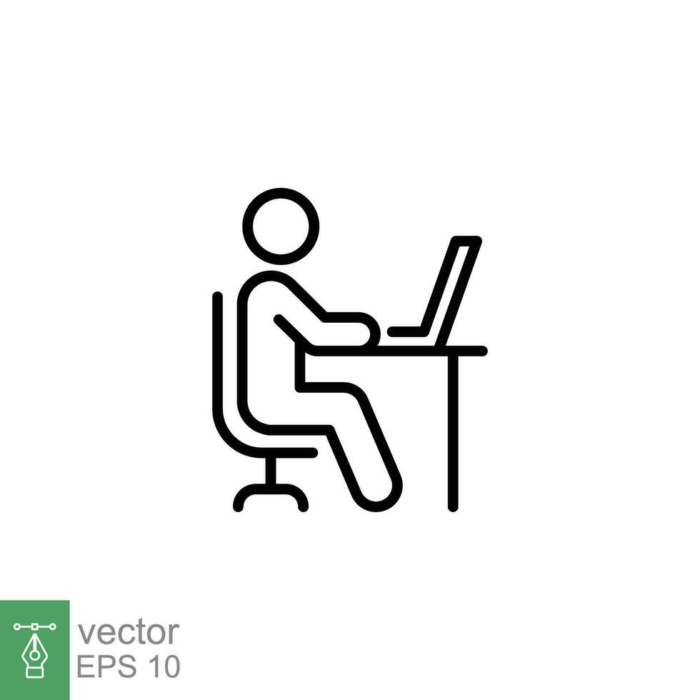 Man behind computer desk icon. Simple outline style. Person, work, laptop, table, chair office, workspace concept. Thin line symbol. Vector illustration isolated on white background. EPS 10.