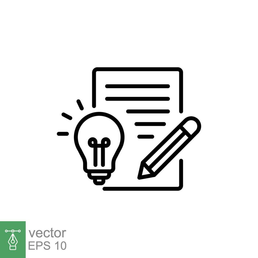 Brief icon. Simple outline style. Concise, succinct, pencil, page, light bulb, abbreviated concept. Thin line symbol. Vector symbol illustration isolated on white background. EPS 10.