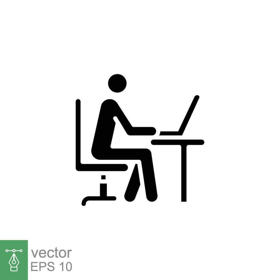 Man behind computer desk icon. Simple solid style. Person, work, laptop, table, chair office concept. Black silhouette, glyph symbol. Vector illustration isolated on white background. EPS 10.