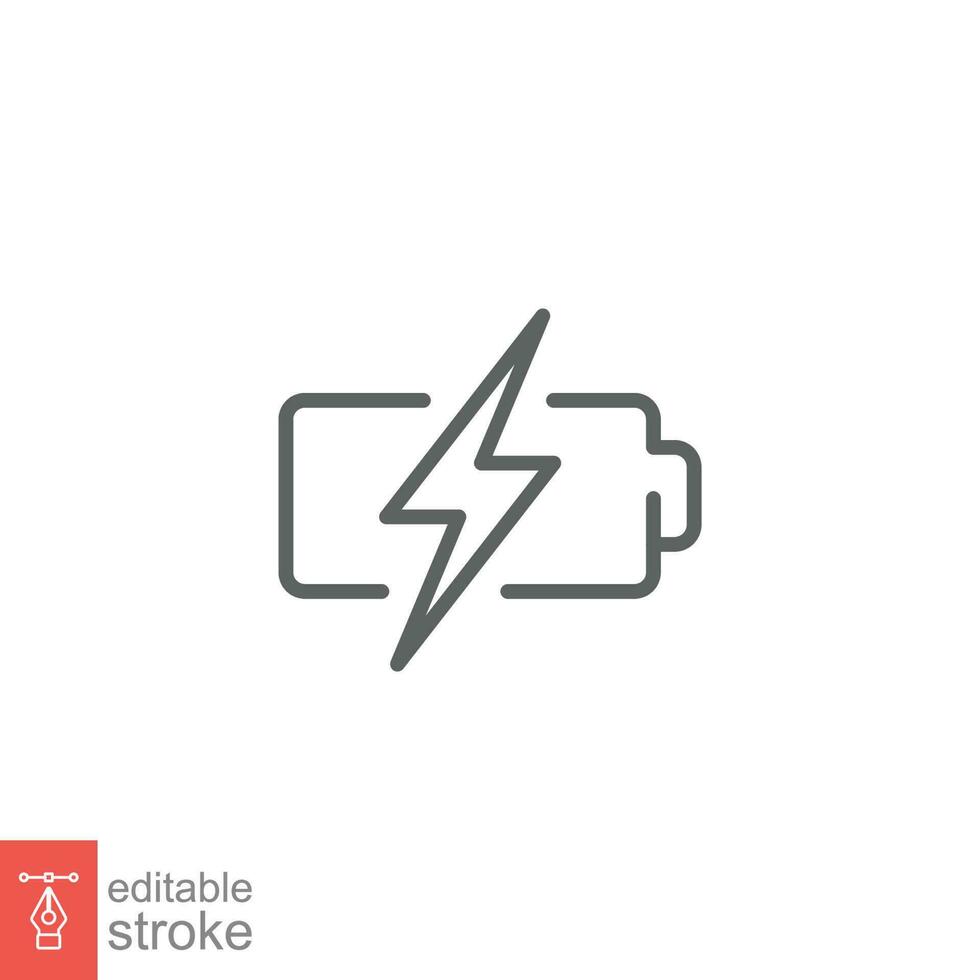 Battery charging icon. Simple outline style. Lightening, power, thunder, technology concept. Thin line symbol. Vector illustration isolated on white background. Editable stroke EPS 10.