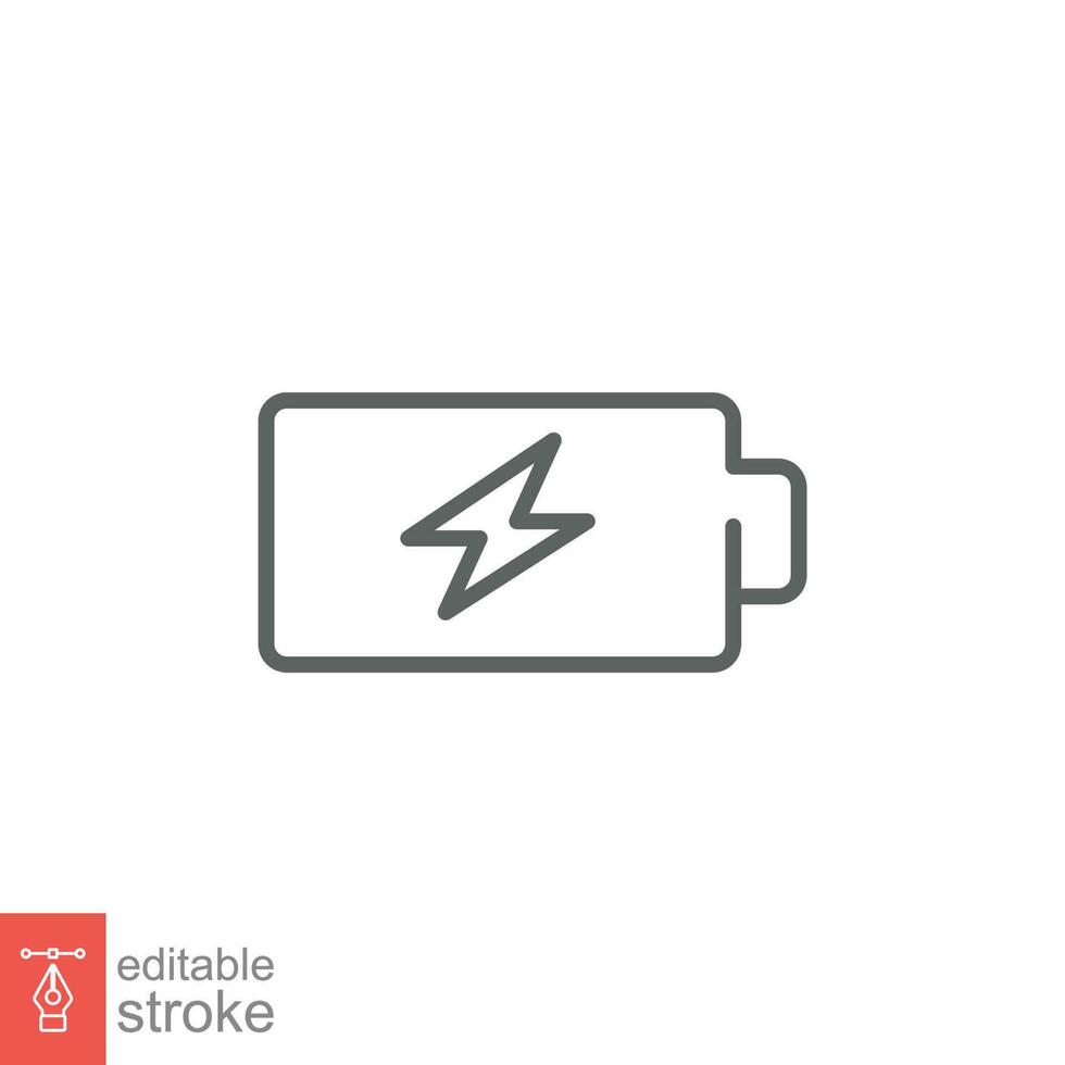 Battery charging icon. Simple outline style. Lightening, power, thunder, technology concept. Thin line symbol. Vector illustration isolated on white background. Editable stroke EPS 10.