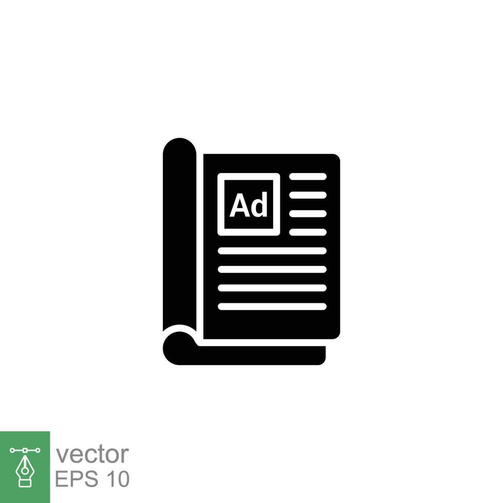 Print ad icon. Simple solid style. Advertisement, magazine, press, newspaper, paper, business concept. Black silhouette, glyph symbol. Vector illustration isolated on white background. EPS 10.