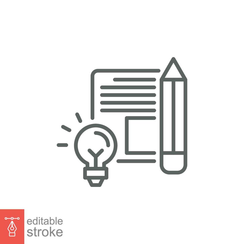 Brief icon. Simple outline style. Concise, succinct, pencil, page, light bulb, abbreviated concept. Thin line symbol. Vector symbol illustration isolated on white background. Editable stroke EPS 10.