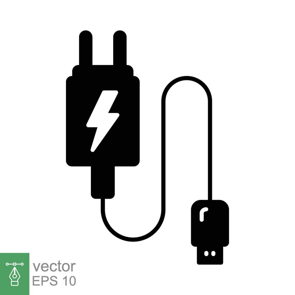 USB mobile phone charger icon. Simple solid style. Wire charger, energy, cellphone, technology concept. Black silhouette, glyph symbol. Vector illustration isolated on white background. EPS 10.
