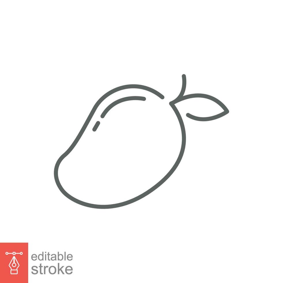 Mango icon. Simple outline style. Fruit, mango with leaf, food, summer concept. Thin line symbol. Vector illustration isolated on white background. Editable stroke EPS 10.