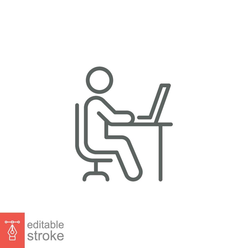 Man behind computer desk icon. Simple outline style. Person, work, laptop, table, chair office concept. Thin line symbol. Vector illustration isolated on white background. Editable stroke EPS 10.