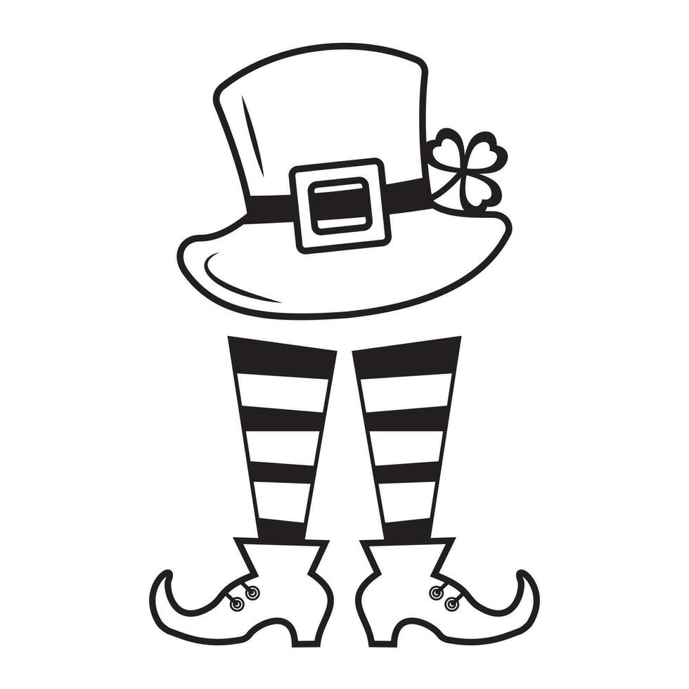 Festive Hat with clover and feet in boots for Patrick's Day, black outline in doodle style vector