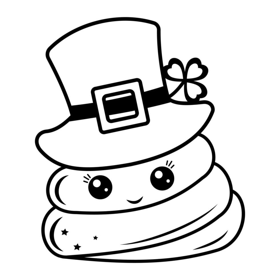Poop on St. Patrick's Day. Cute kawaii character, black outline, vector isolated doodle-style illustration