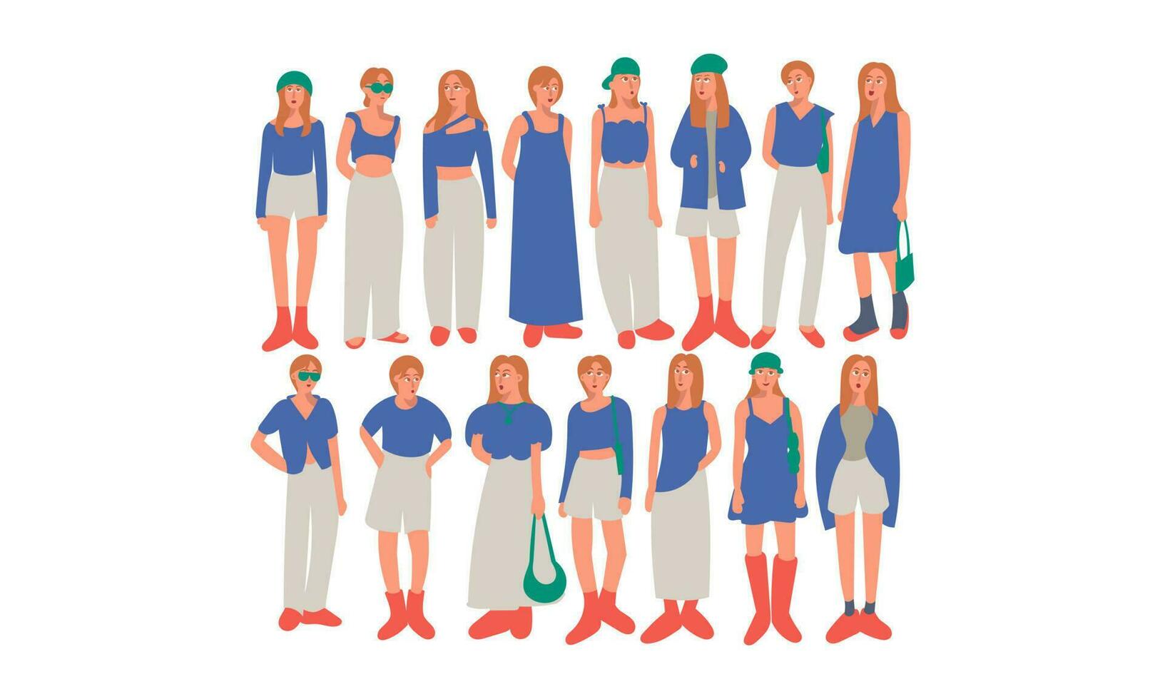 conjunto de mujer en diferente ropa. vector ilustración en plano estilo.