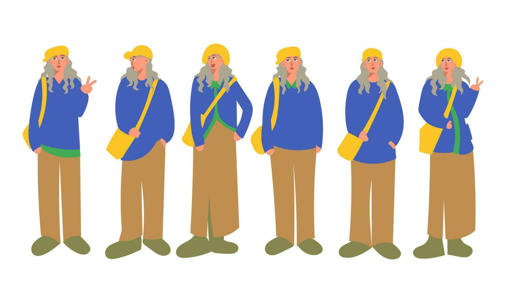 Vector illustration of a female backpacker in different poses and attitudes.