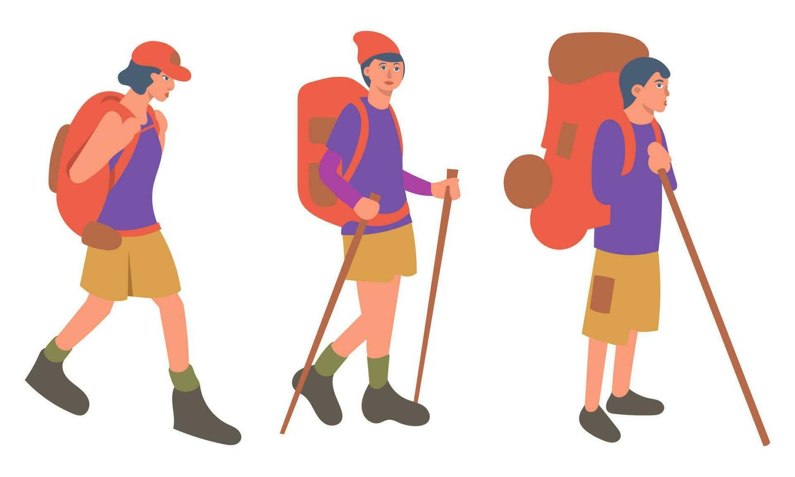 Hiking tourists with backpacks and sticks. Vector illustration in flat style