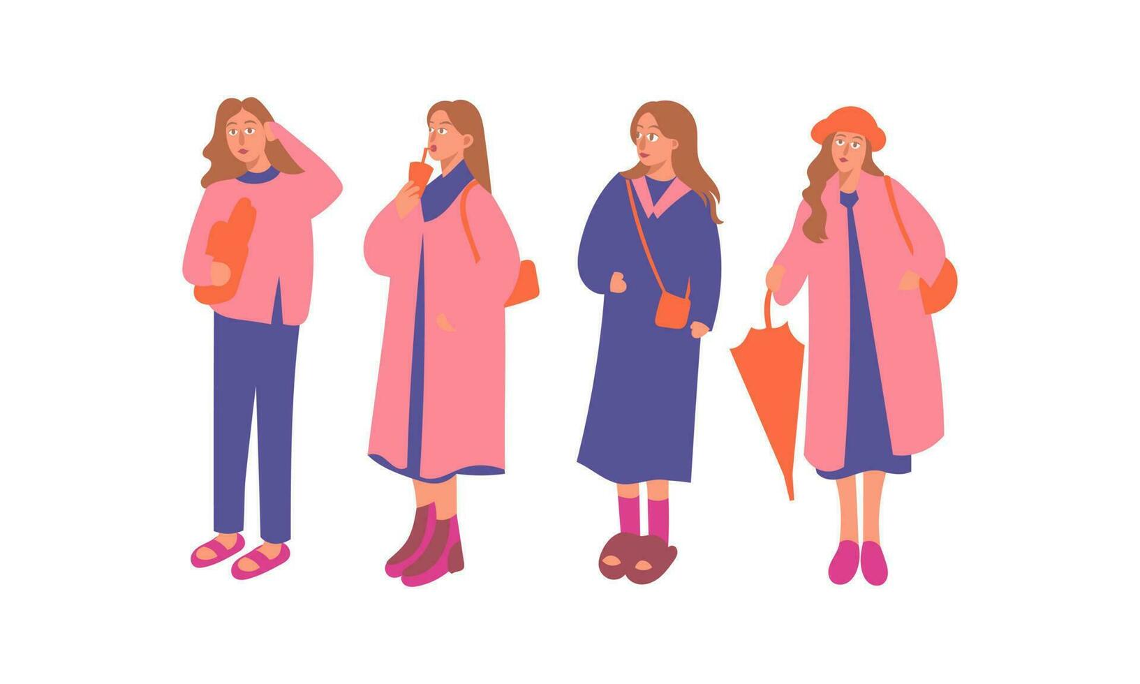 Women in winter clothes. Cartoon style. Set of vector illustrations.