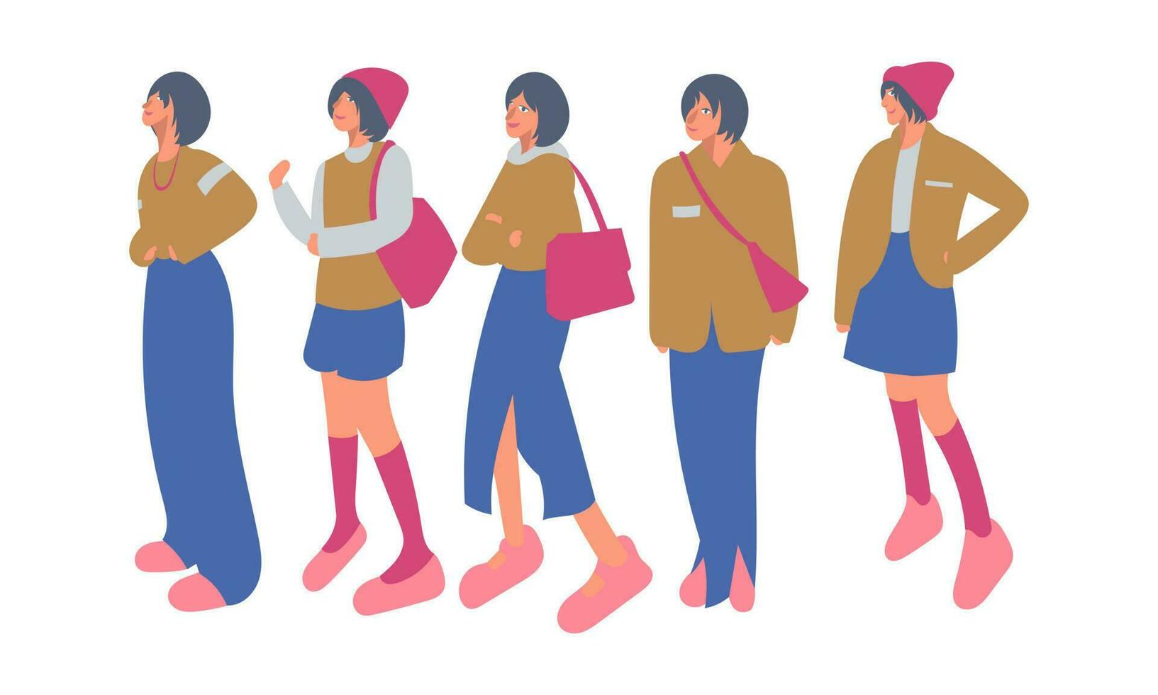 Vector illustration of a group of women in casual clothes. Female characters in a flat style.