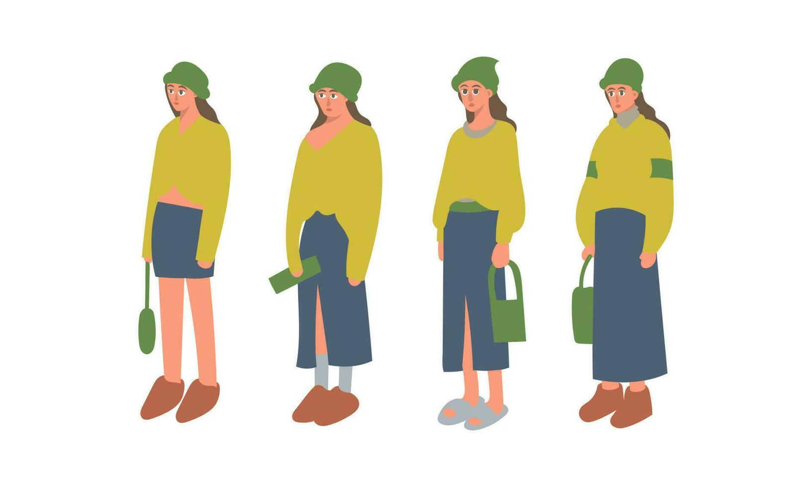 Vector illustration of a woman in a green jacket with a bag.