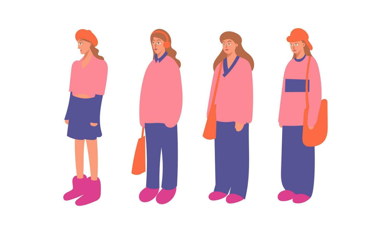 Set of different poses of a girl in a pink coat. Vector illustration