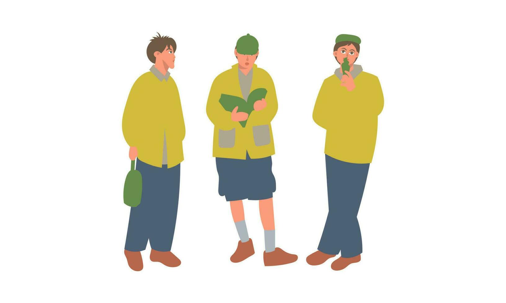Vector illustration of three boys wearing khaki clothes with green bag.
