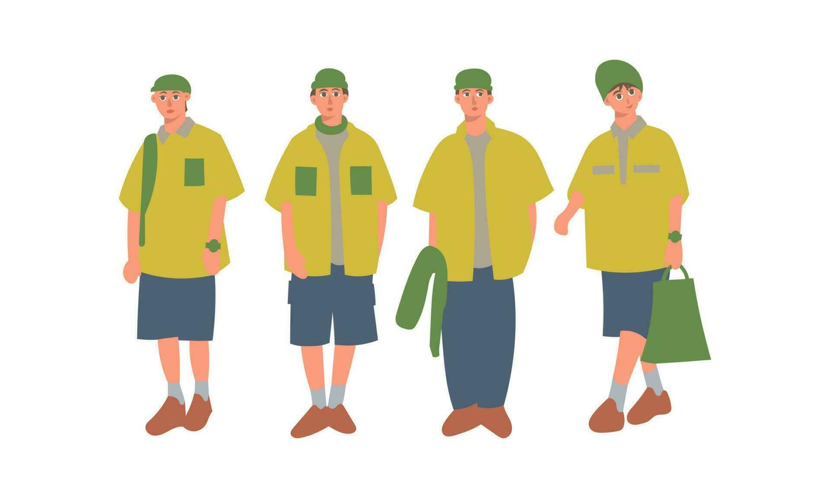 Vector illustration of a boy in a green uniform with a bag.