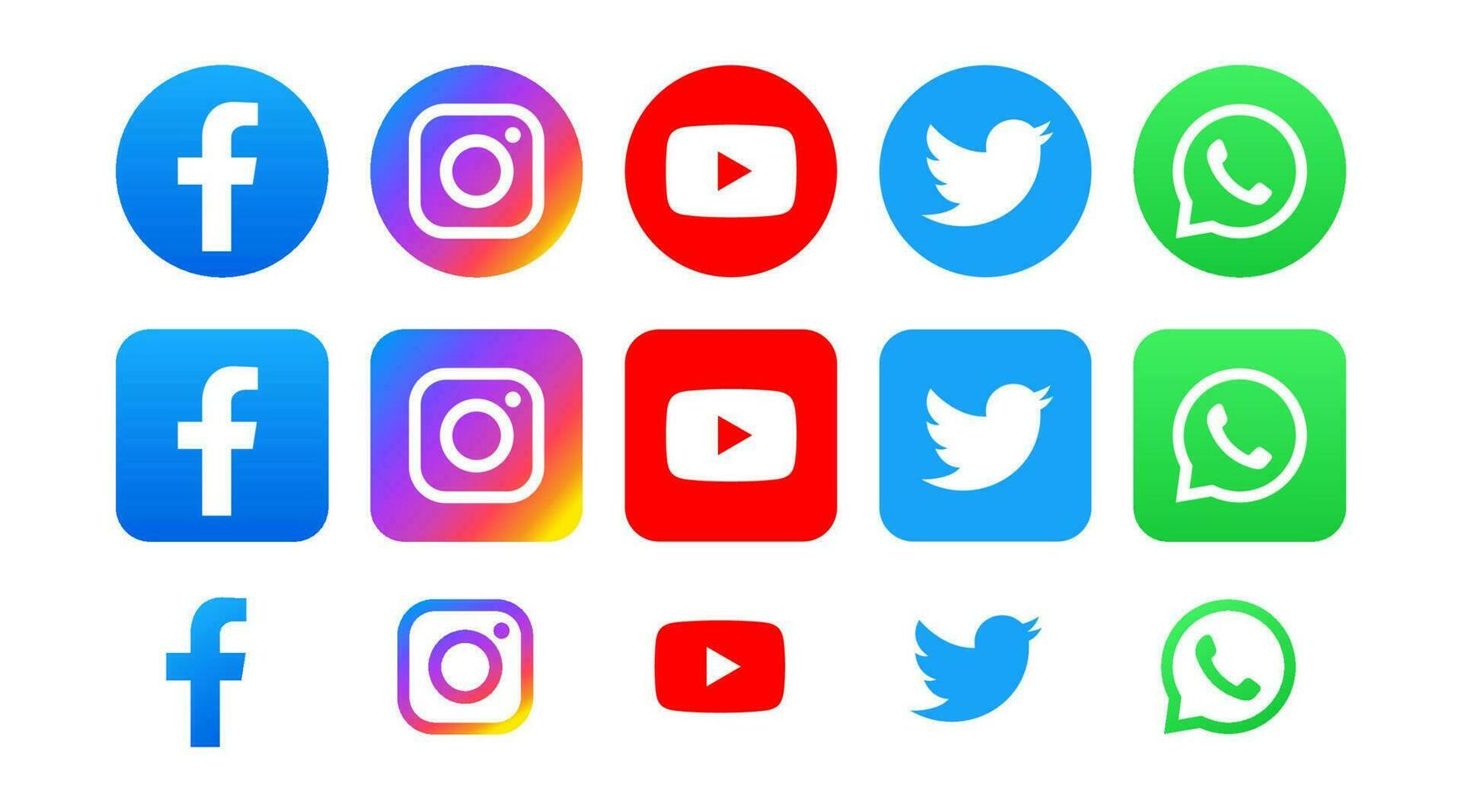 Set of popular social media icons round and square in colored background vector