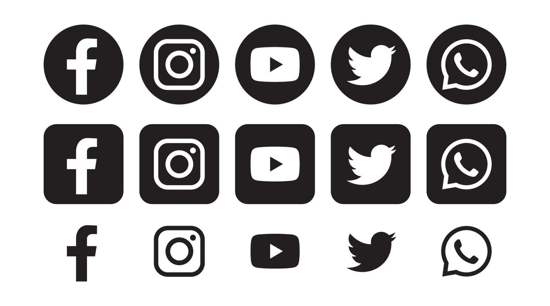 Set of popular social media icons round and square in black background ...