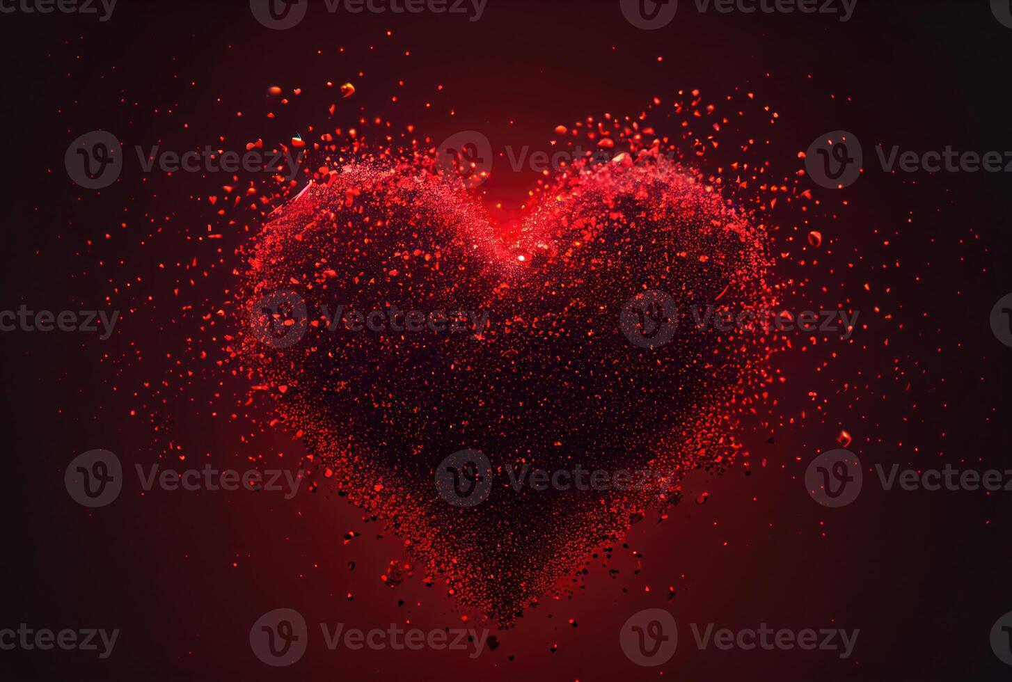 Red heart with dust particle disintegration effect on red background. photo