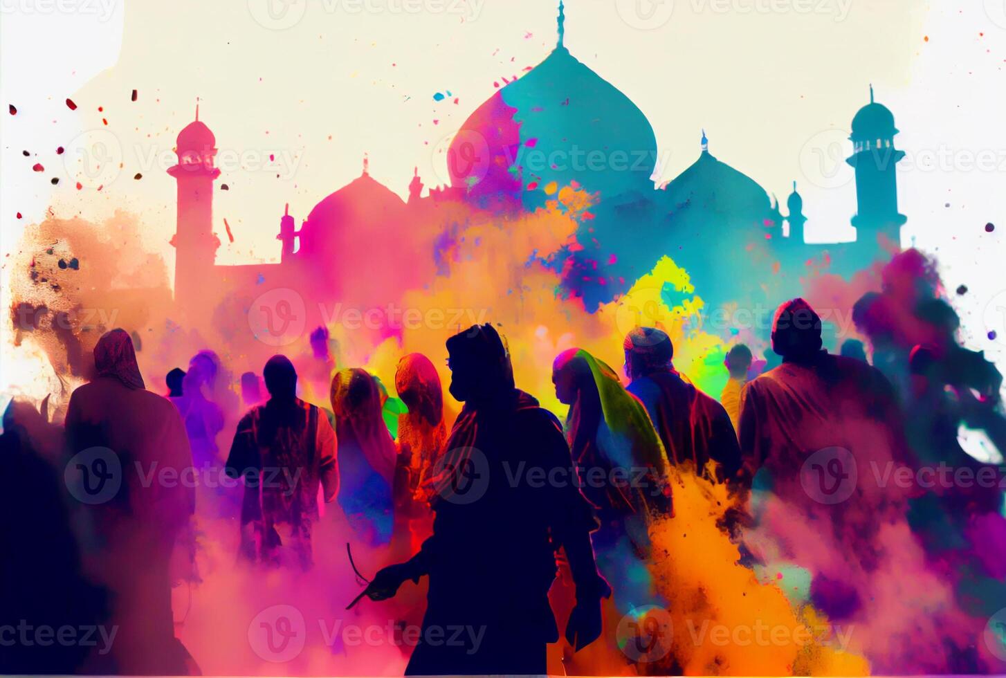 Holi day and festival with crowd people in Hindu outfits and mosque background. photo