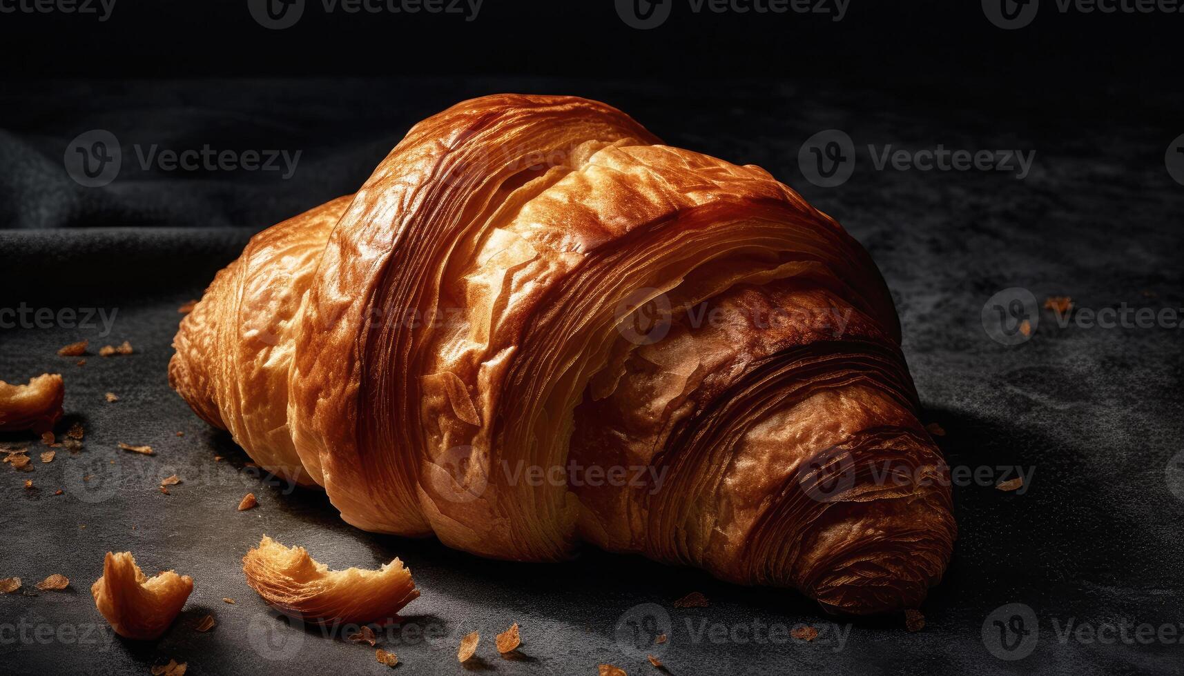 Fresh Croissant breads on the wooden table in the dark black background. Food and bakery concept. Full of breads theme. photo