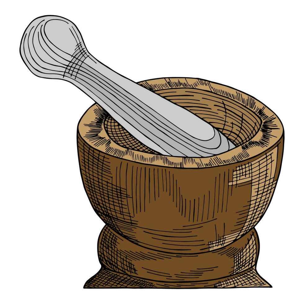 Stone mortar for grinding spices and herbs. A sketch. The style of engraving. Vector illustration.