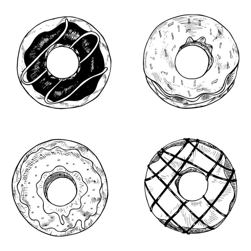 mano dibujado vector ilustración - conjunto de sabroso donas bosquejo. dulce postres