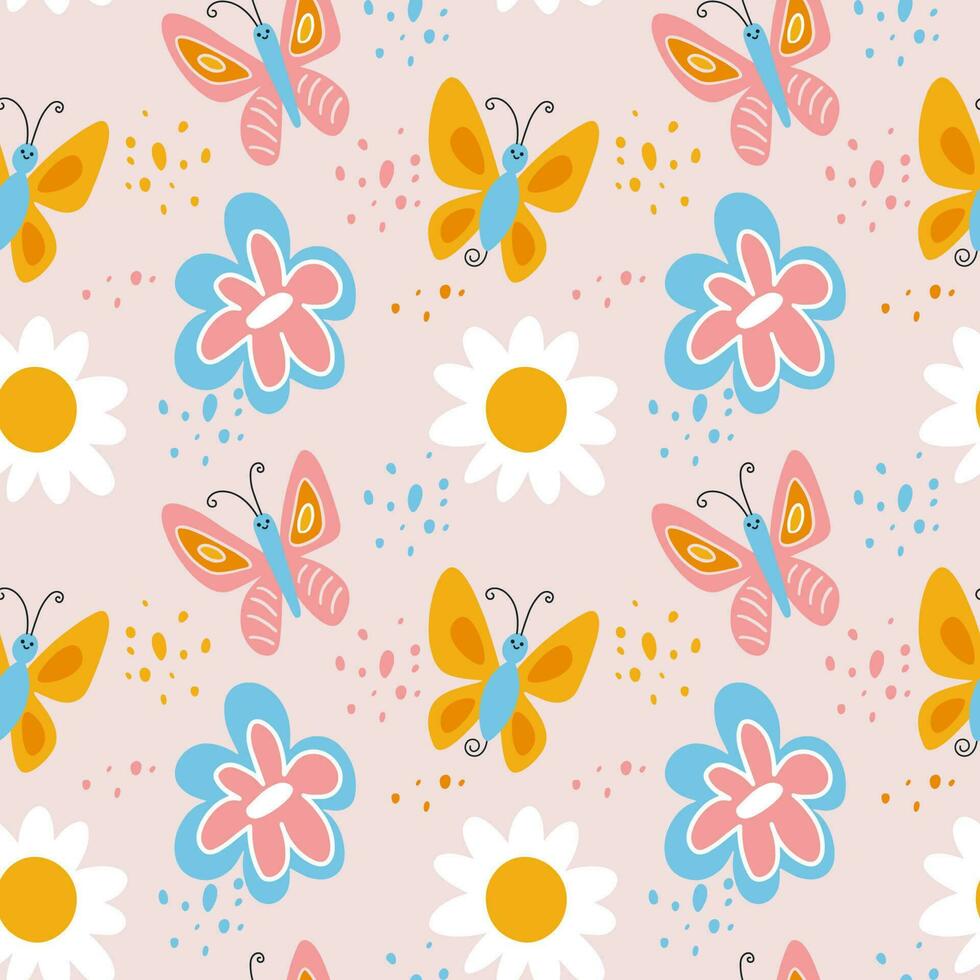 niños sin costura modelo con linda garabatear mariposas y flores vector ilustración en sencillo infantil estilo